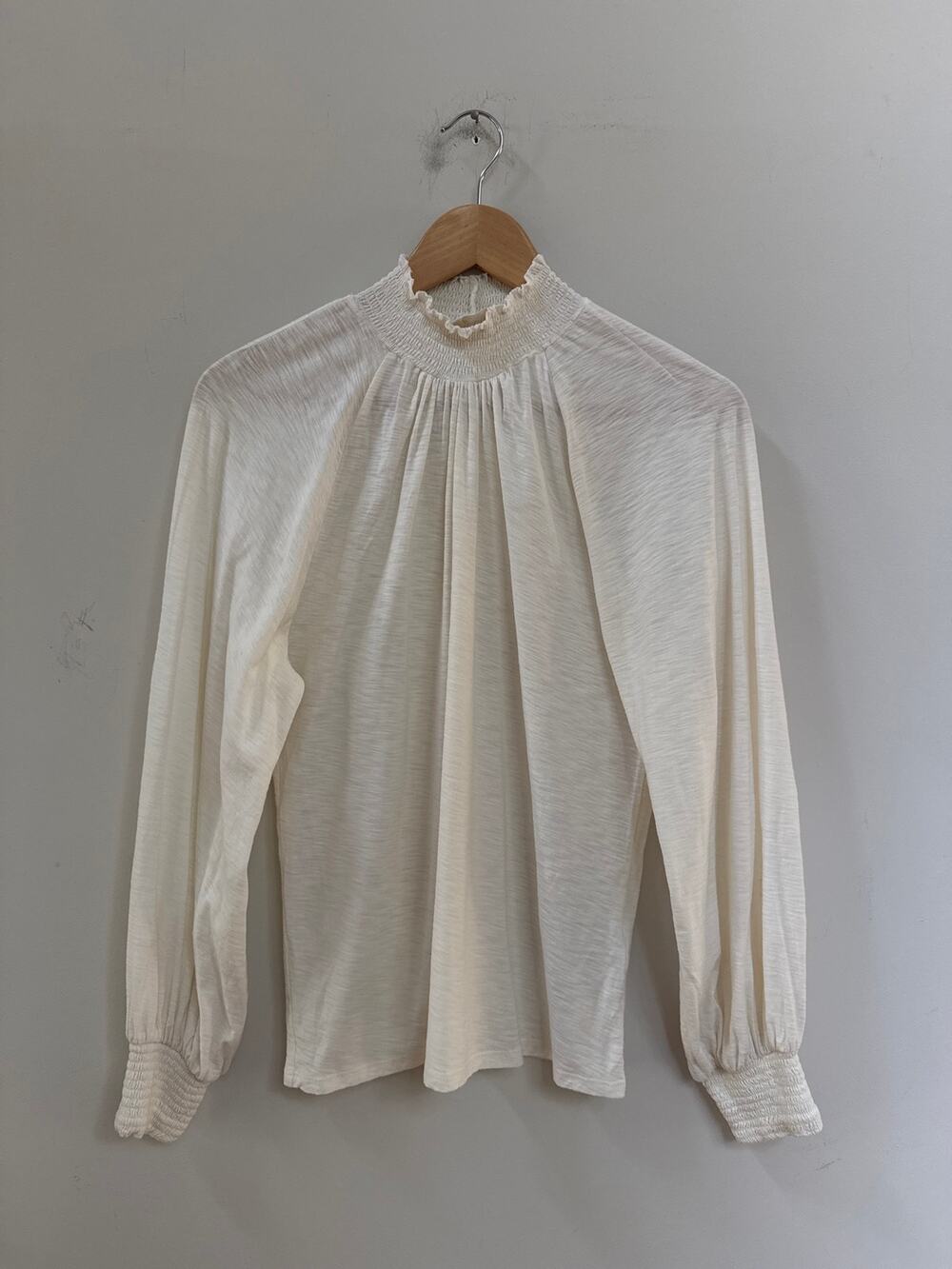 Nation Ltd Smocked Peasant Top Blouse Cream  Size Small Mock Neck Classic